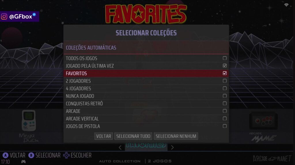 selecionando a opções de coleção para configurar os jogos favoritos no Batocera