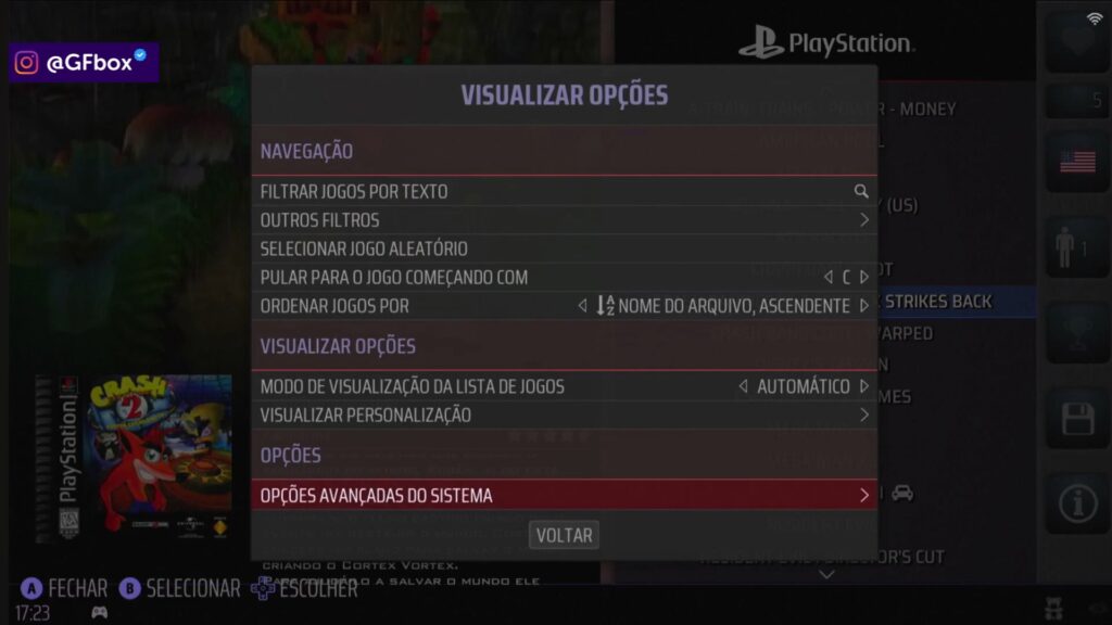 para alterar o emulador de um jogo selecione a opção "opções avançadas do sistema" para melhorar a resolução no Batocera