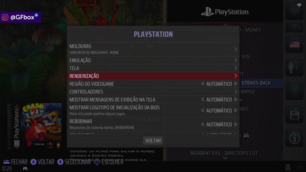 selecionando a opção "renderização" para Melhorar a resolução no Batocera