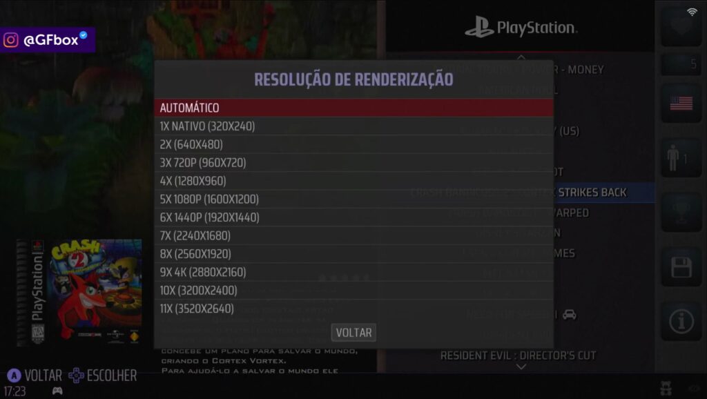 selecionando a resolução para Melhorar a resolução no Batocera