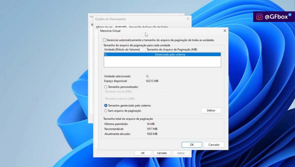desativando a opção "Gerenciar automaticamente o tamanho do arquivo de paginação para todas as unidades" para melhora a memoria ram