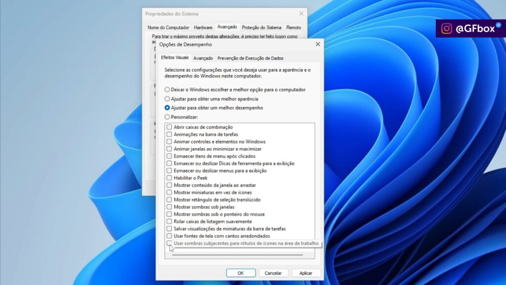 selecionando a opção "Ajustar para obter um melhor desempenho" para melhorar a memoria RAM