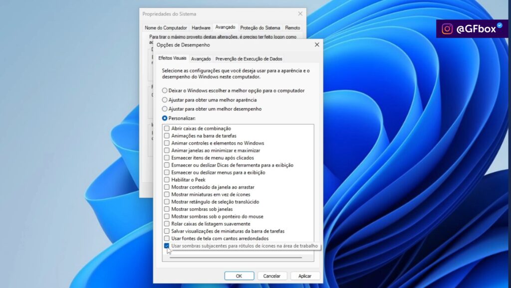 selecionando a opção "Usar sombras sob os ícones da área de trabalho" para aumentar a memoria RAM no windows