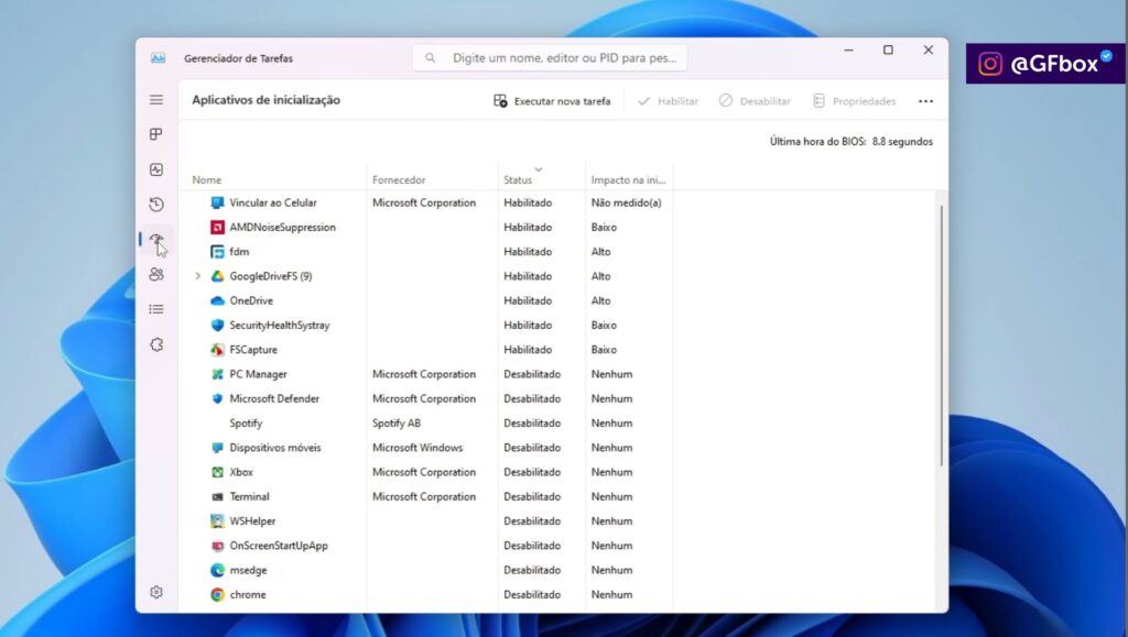 selecionando a aba "inicializar" para aumentar a memoria RAM