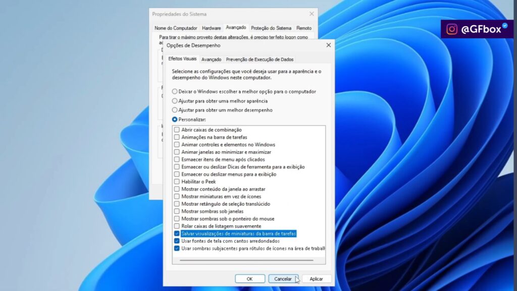 selecionando a opção "Salvar miniaturas da barra de tarefas" para melhorar a memoria RAM no windows