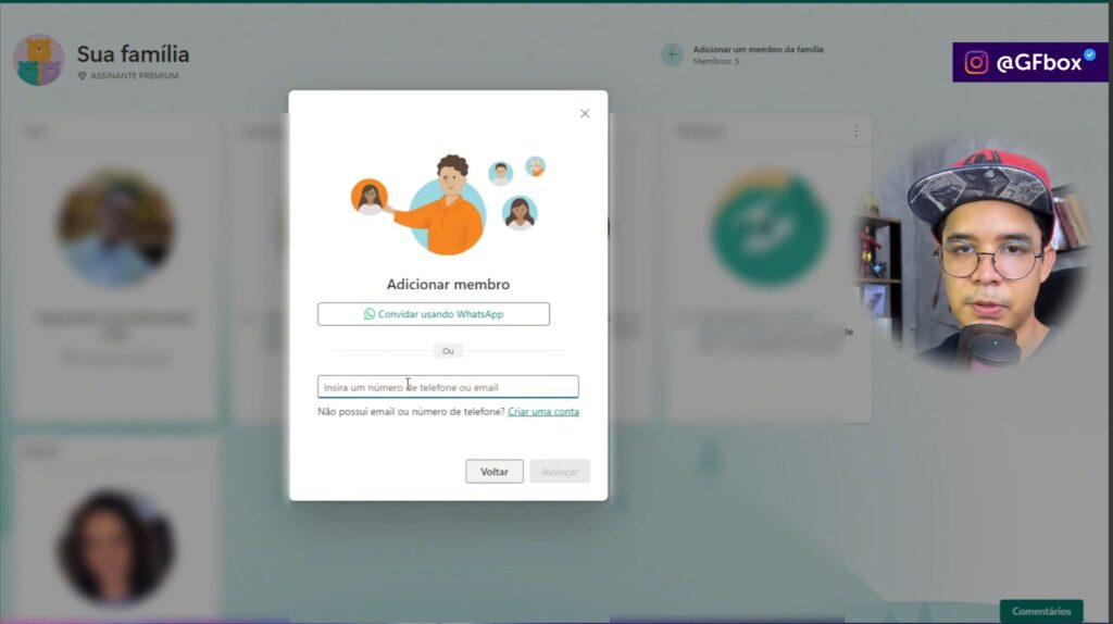 colocando o e-mail dos membros no pacote do Microsoft 365 Family