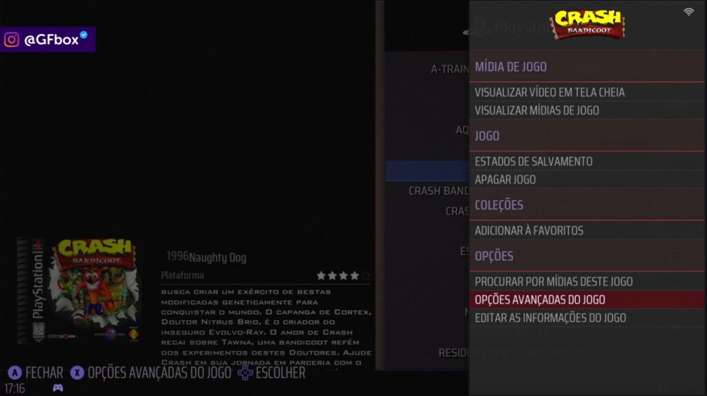 selecionando a opção "opções avançadas do jogo" para configurara Tela cheia no Batocera
