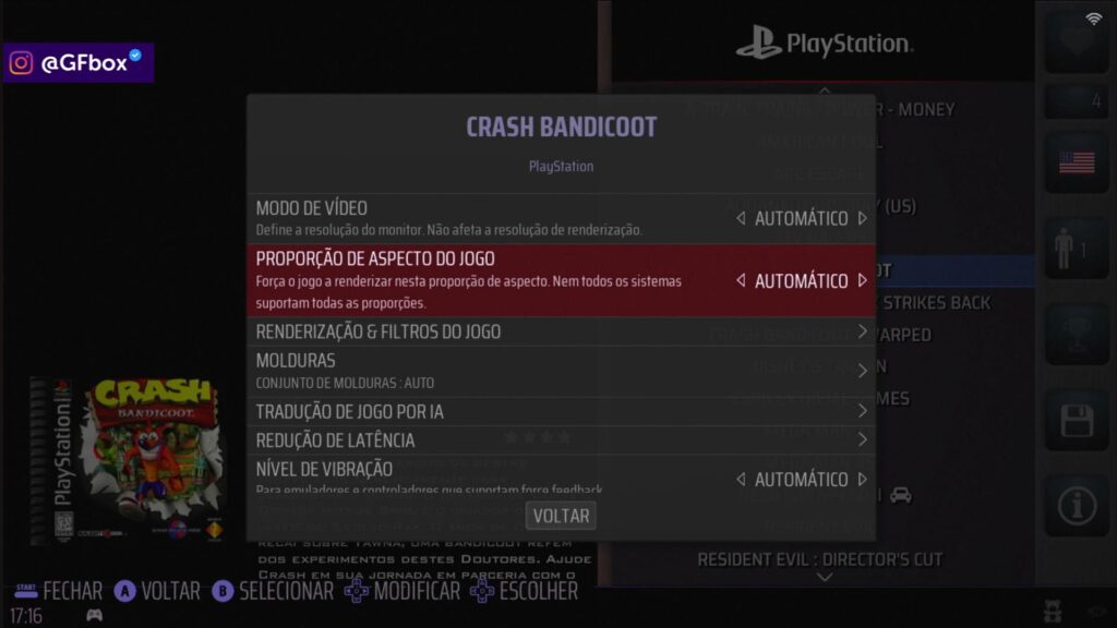 selecionando a opção "proporção de aspectos de jogo" para configurara Tela cheia no Batocera