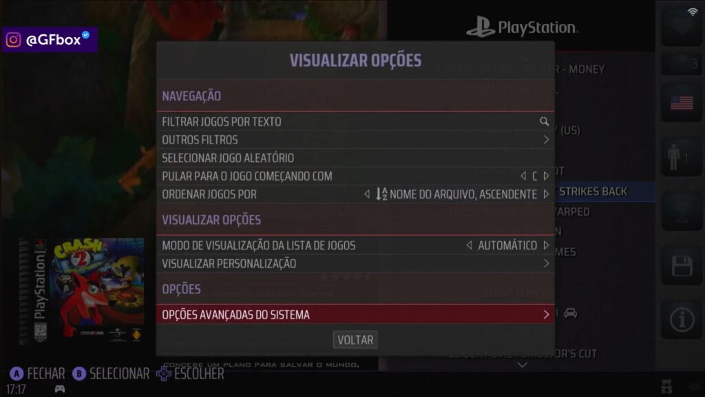 selecionando a opção "opções avançadas do sistema" para configurara Tela cheia no Batocera