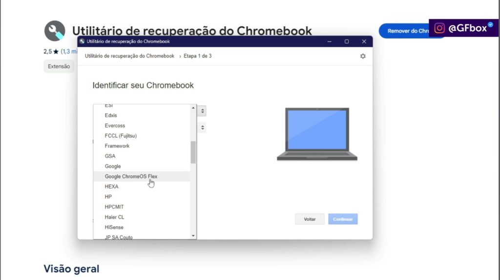 selecionando o "google chrome os flex" para termos o Chromebook