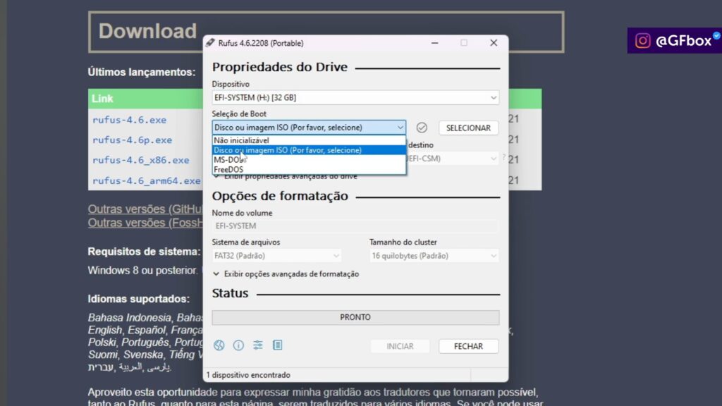 selecionando a opção da imagem da ISO para instalar o linux mint