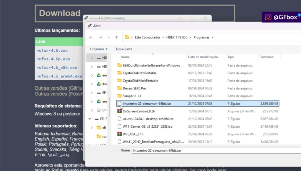 escolhendo a imagem da ISO para o linux mint
