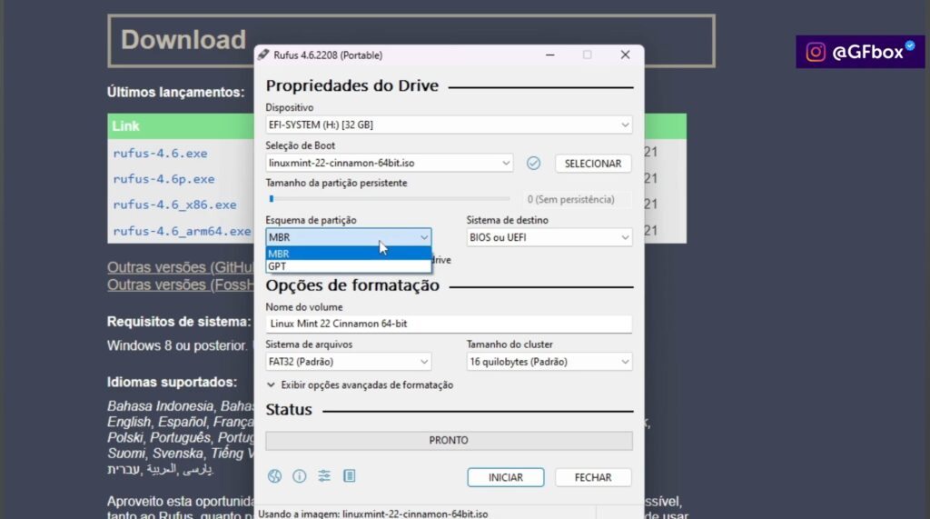 escolhendo a opção "MBR" para instalarmos o linux mint