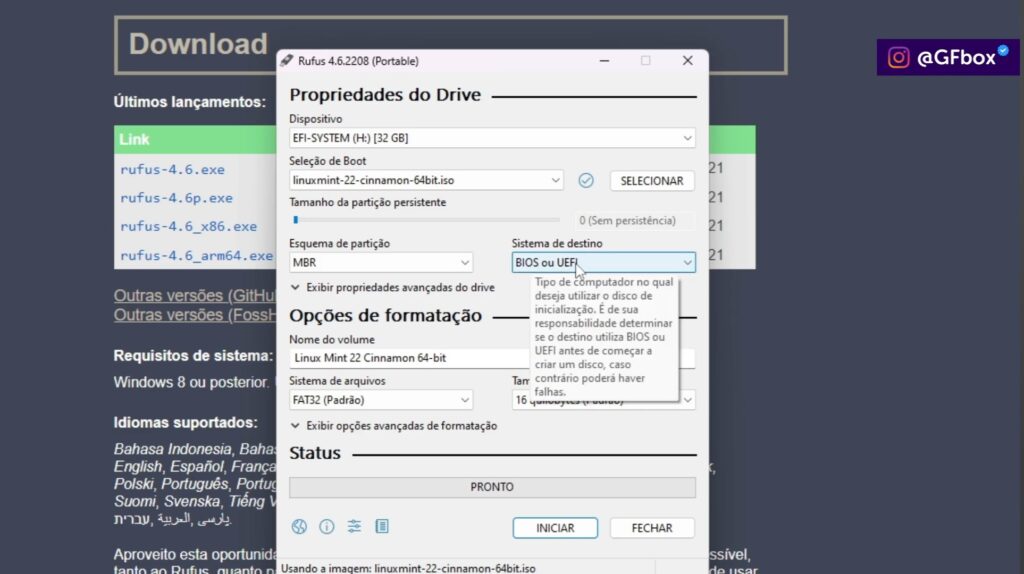 selecionando a BIOS ou UEFI para instalar linux mint