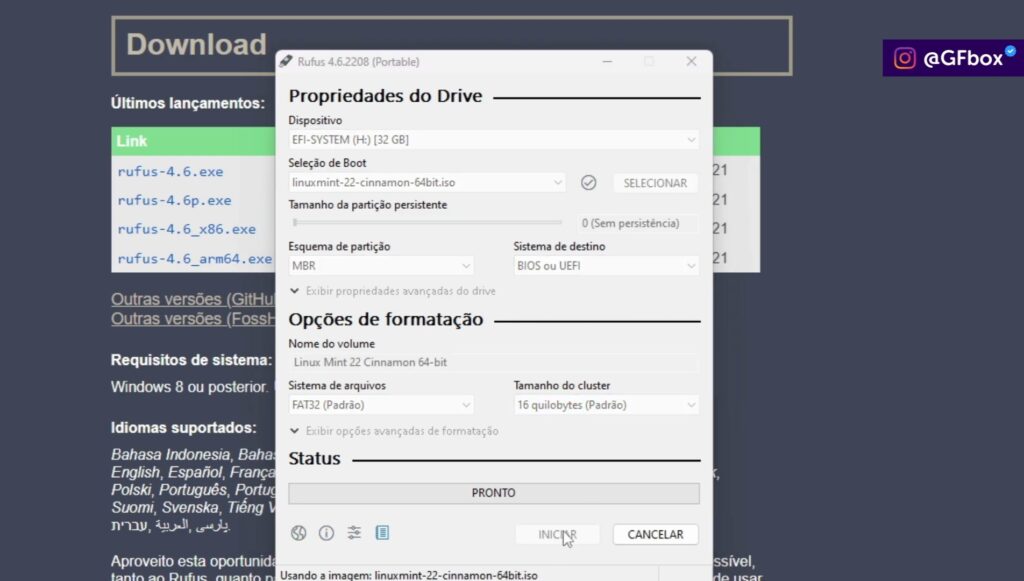 finalizando a configuração para instalar o linux mint