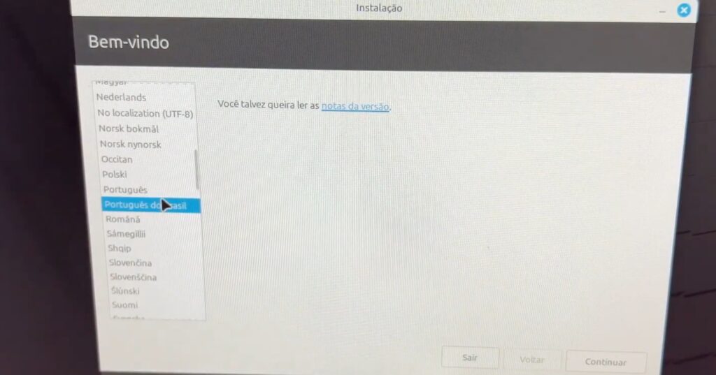 selecionando o idioma do linux