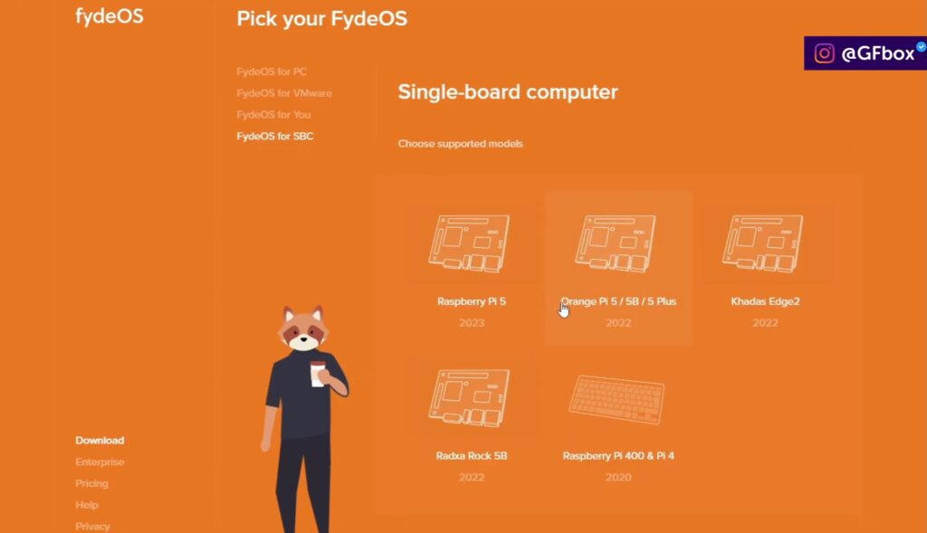 acessando o site oficial do FydeOS pra istala-lo no orange Pi e transforma-lo em um mini pc