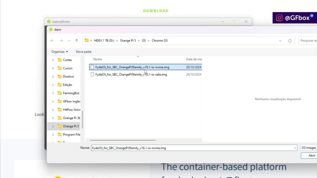 selecionando a imagem para instalar o FydeOS no Orange Pi