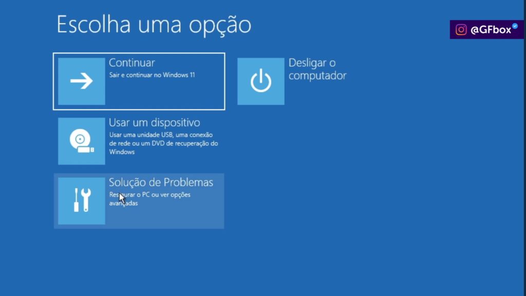 acessando a opção "solução de problemas" para recuperar senha do windows