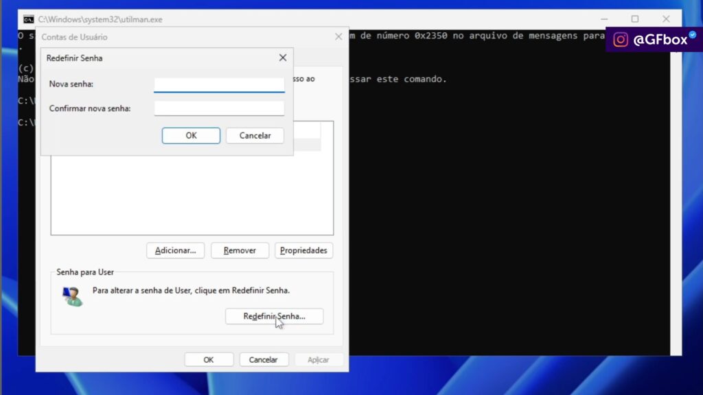 selecionando a opção "redefinir senha" para mudar a senha do windows