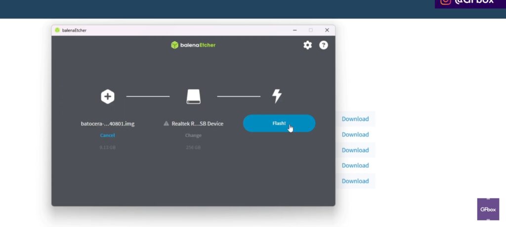 selecionando a opção "flash" para finalizar o processo de instalação do batocera