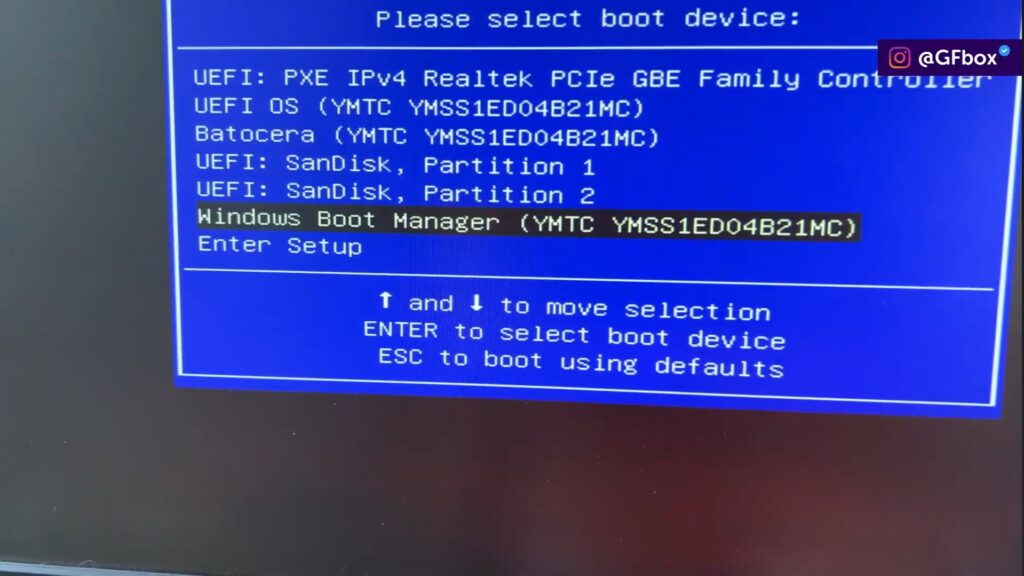 selecionando o "windows boot manager" para instalar windows