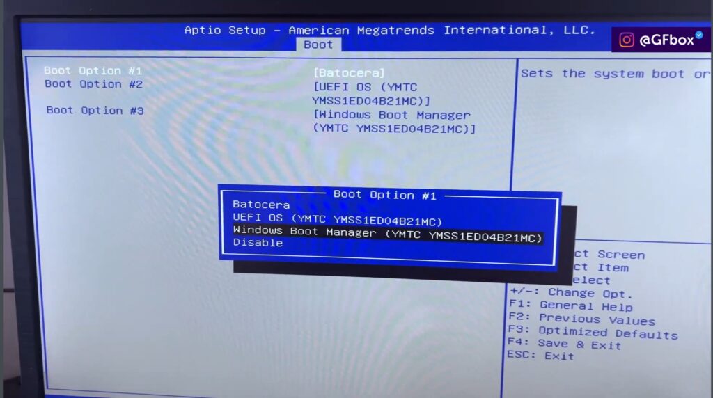 escolhendo o windows como primeira opção e o batocera como segunda opção