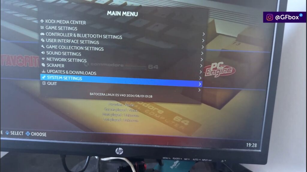 selecionando a opção "system setting" para configurar o batocera