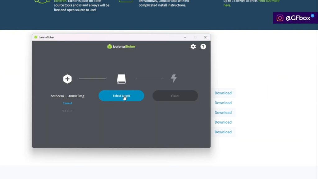 selecionando a opção "select target" pra escolher o ssd ou hdpara instalar o batocera