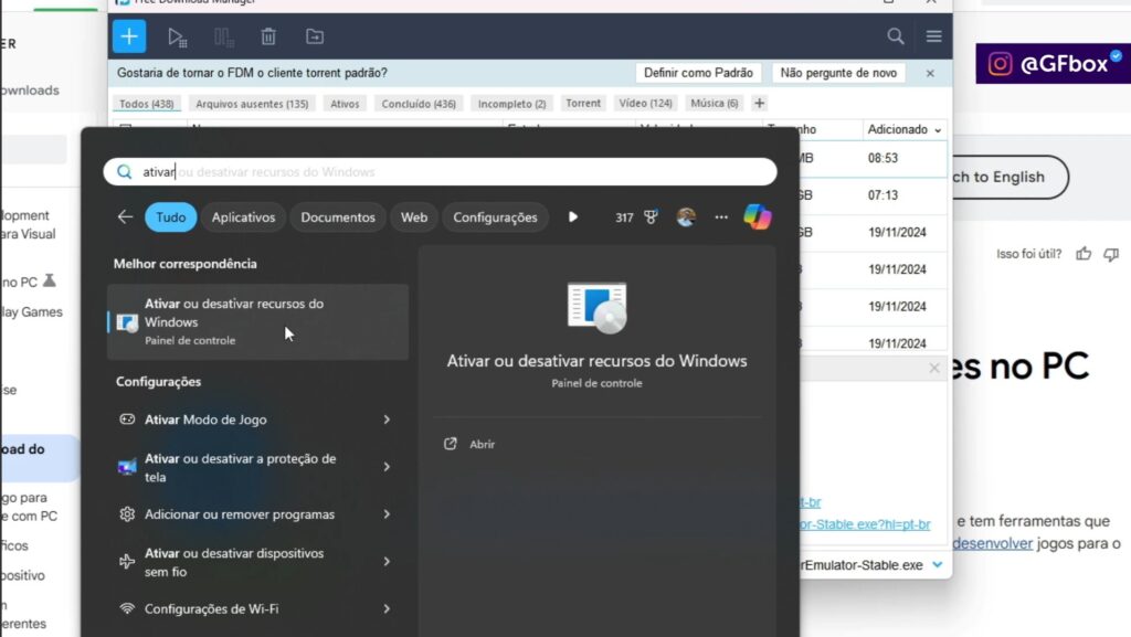 selecionando a opção "Ativar ou desativar recursos do Windows" para instalar o emulador de android