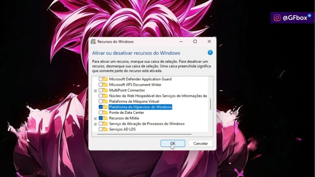 marcando a opção "Plataforma do Hipervisor do Windows" para instalarmos o emulador de android no windows