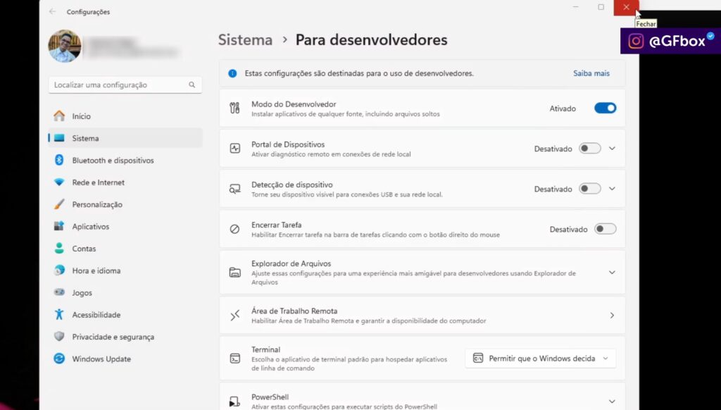 selecionando o modo de desenvolvedor para instalar o emulador