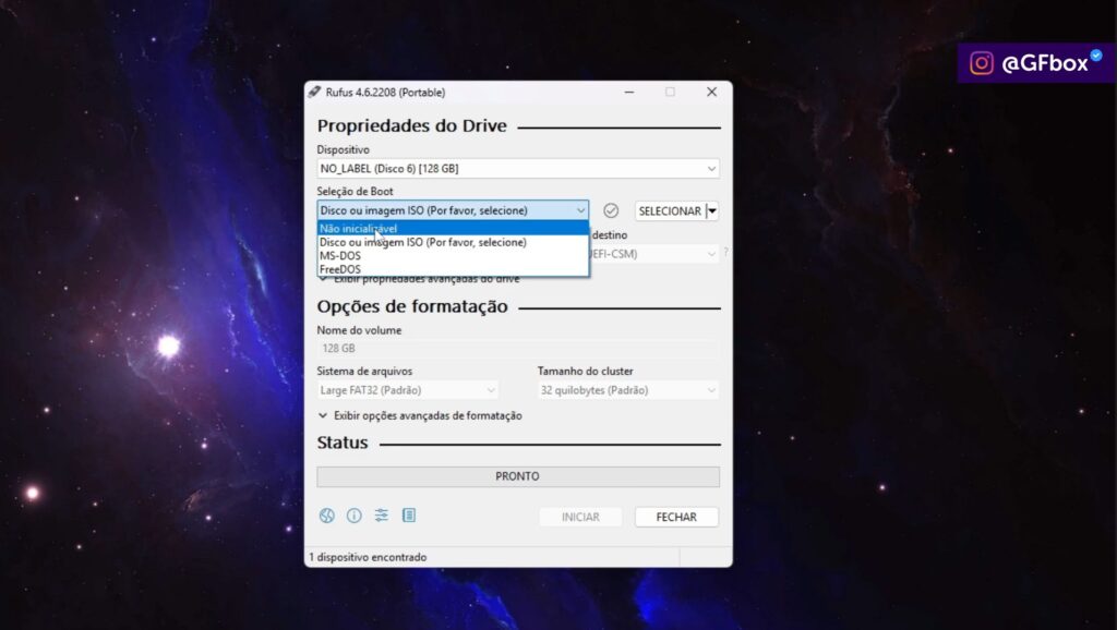 selecionando a opção "Seleção de Boot" para criar um microsd pra o trimui