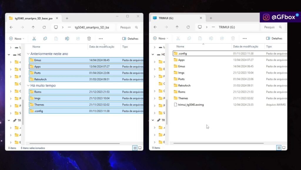 copiando as pastas para o microSD do Trimui