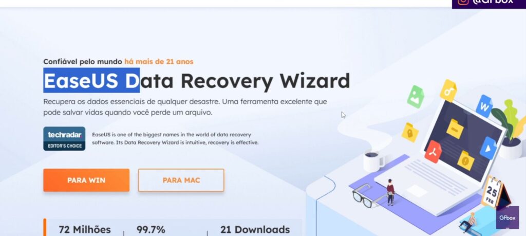 site do EaseUS Data Recovery Wizard para recuperar arquivos apagdos