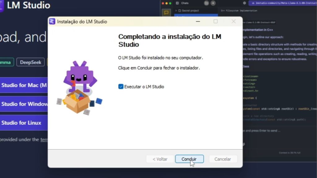 concluindo o processo no LM studio para o DeepSeek