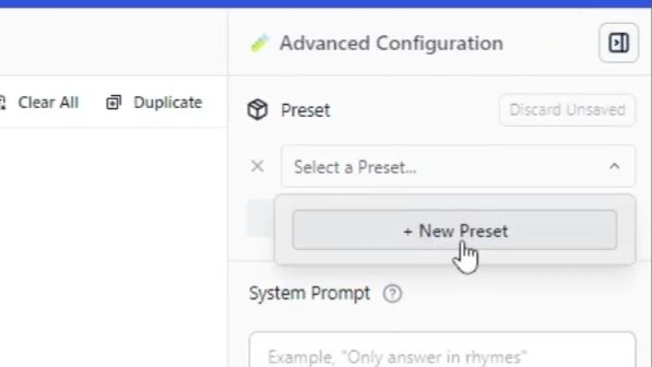 selecionando a opção "new preset" no LM Studio para o DeepSeek