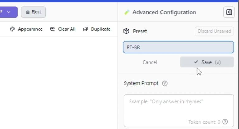 nomeando o preset com "PT-BR" no LM Studio para o DeepSeek