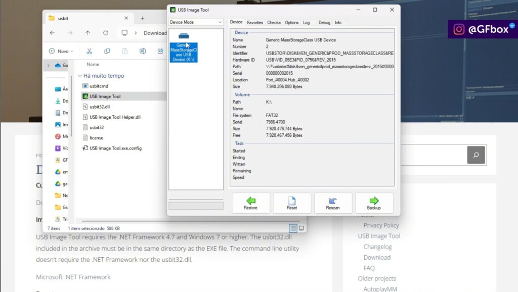 escolhendo o MicroSD no usb image tool