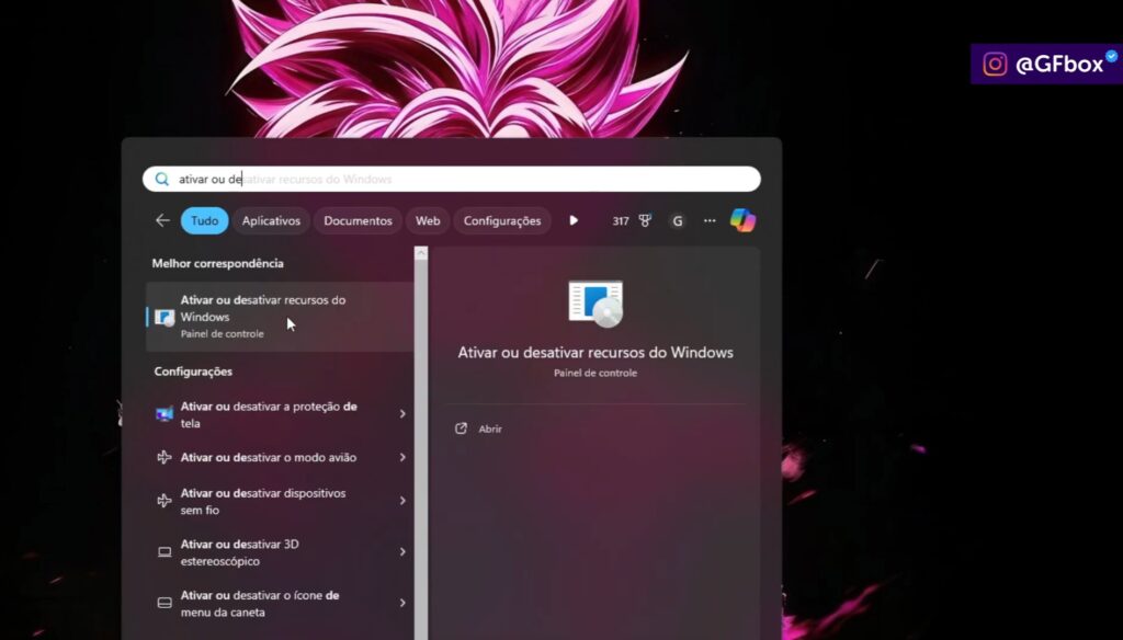 selecionando a opção "Ativar ou desativar recursos do Windows"