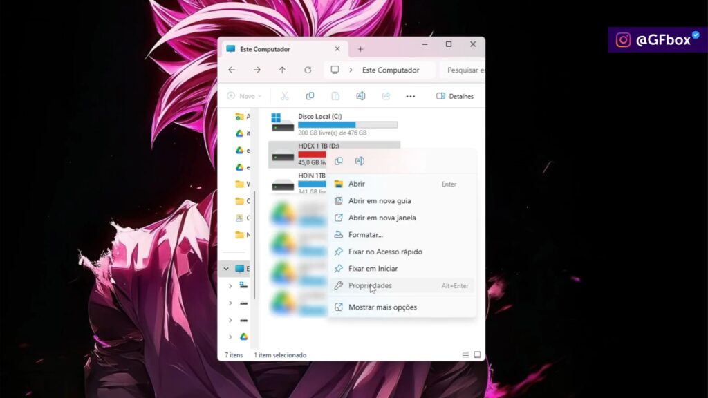 selecionando a opção "propriedade" para ajudar a acelerar a transferencia de arquivo no windows