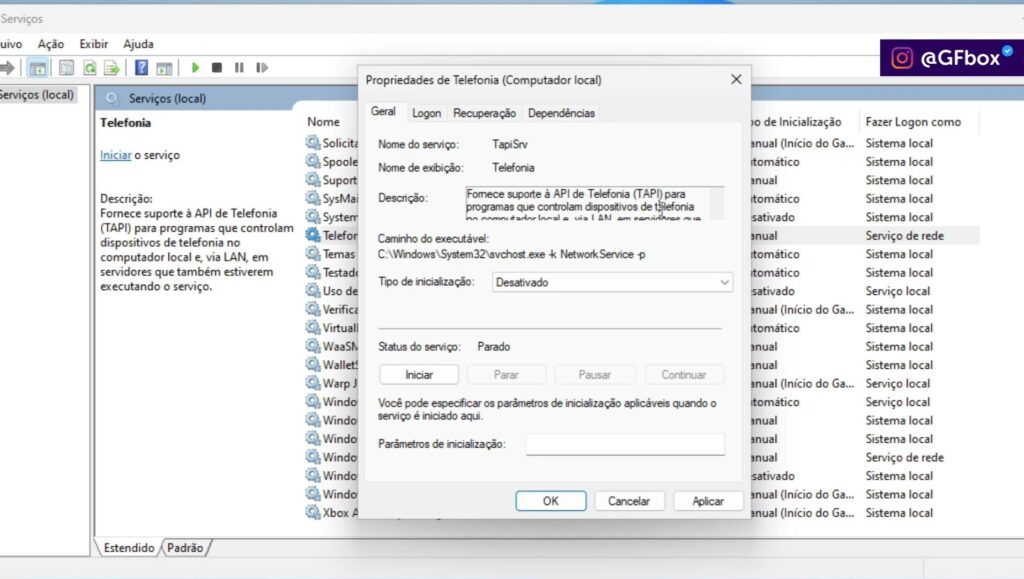 desativando o serviço de telefonia do windows