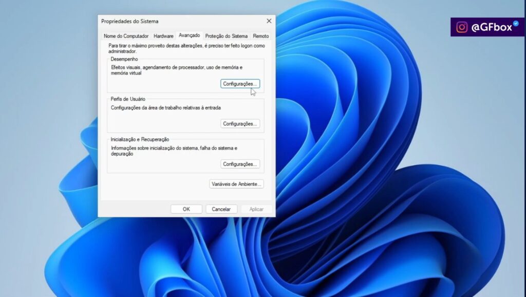 selecionando a opção de configurações em desempenho