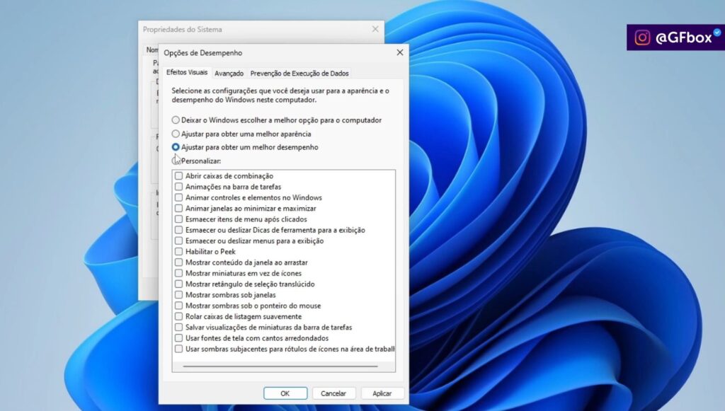 selecionando a opção "ajustar para obter um melhor desempenho"