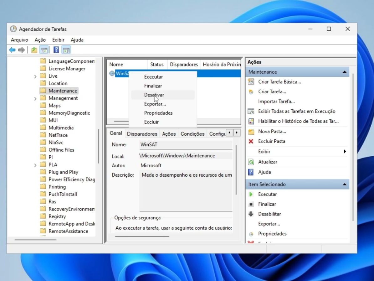 desativando o WinSAT para melhora o processamento do windows
