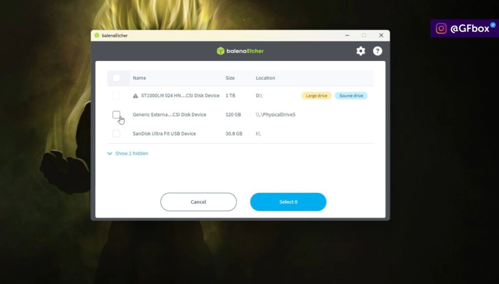 selecionando o dispositivo de destino para instalação do Batocera