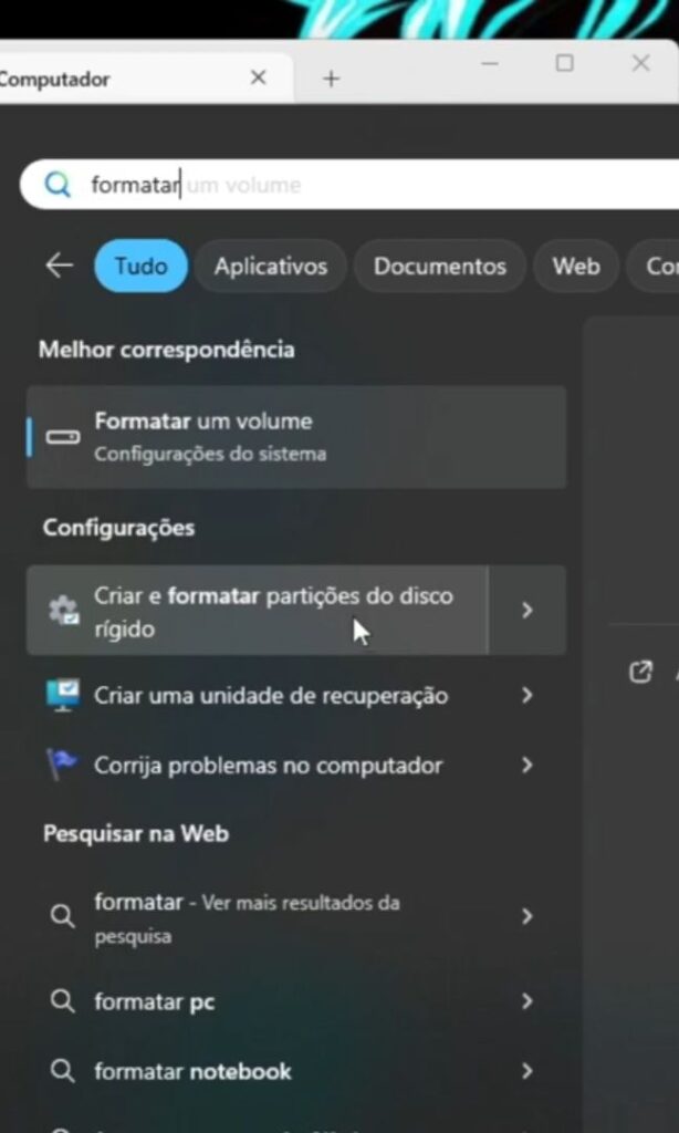 acessando a opção Criar e formatar partições do disco para formatar o microSD do R36H e R36S