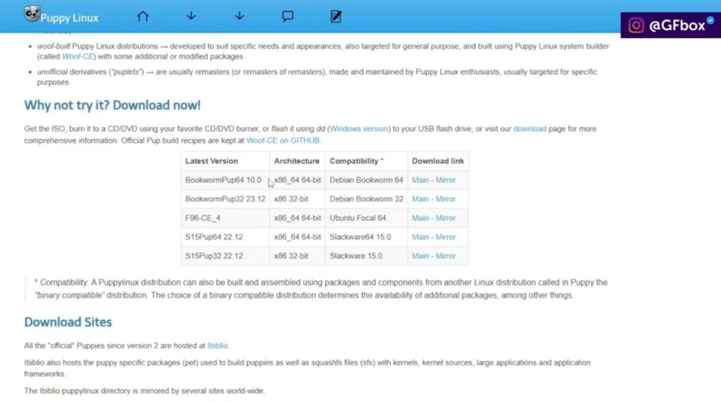 versão de bits para instalar no site oficial do Puppy Linux
