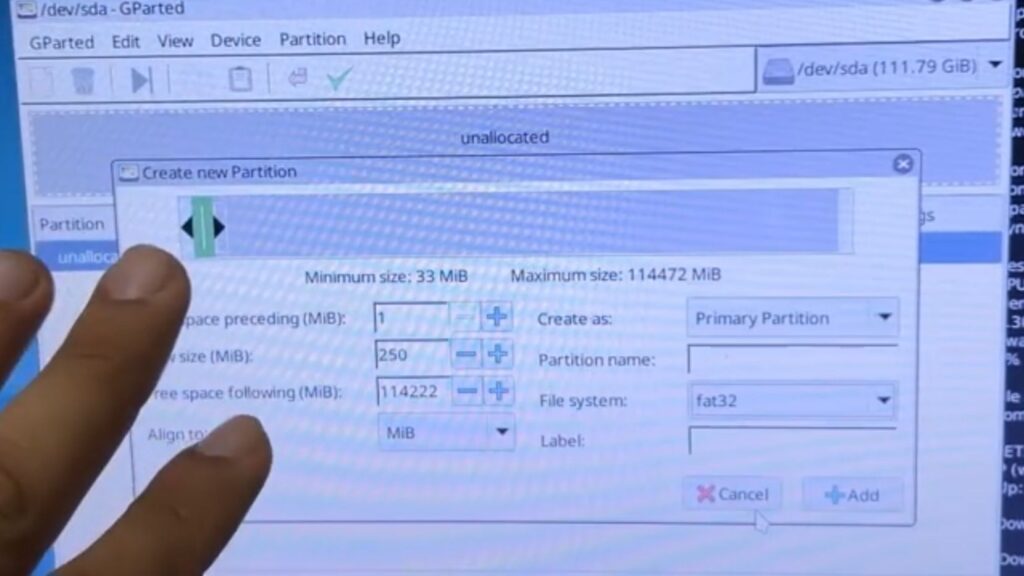 colocando as informações para particionar o pendrive