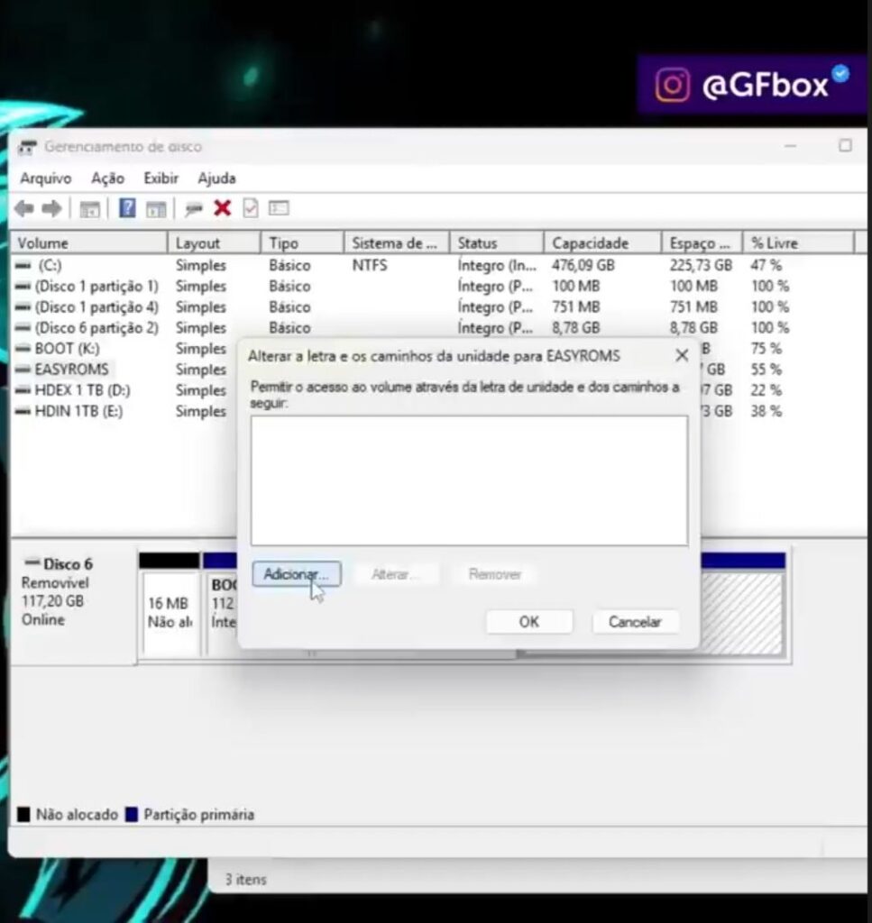 adicionando uma letra para acessara partição, para poder faer o backup no R36S